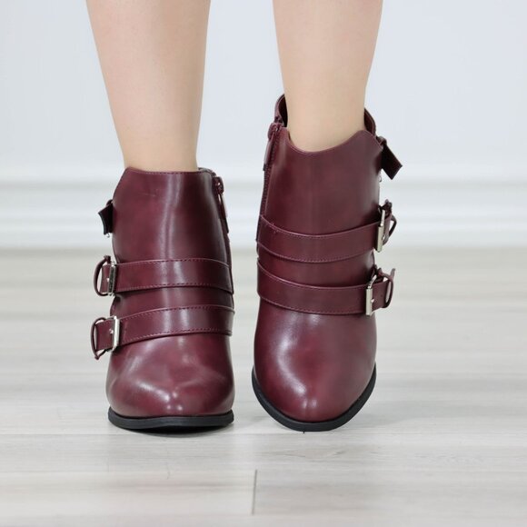Ankle Boots Block Cone Heel Synthetic Leather Wine Almond Toe Buckles Zipper - Picture 4 of 12